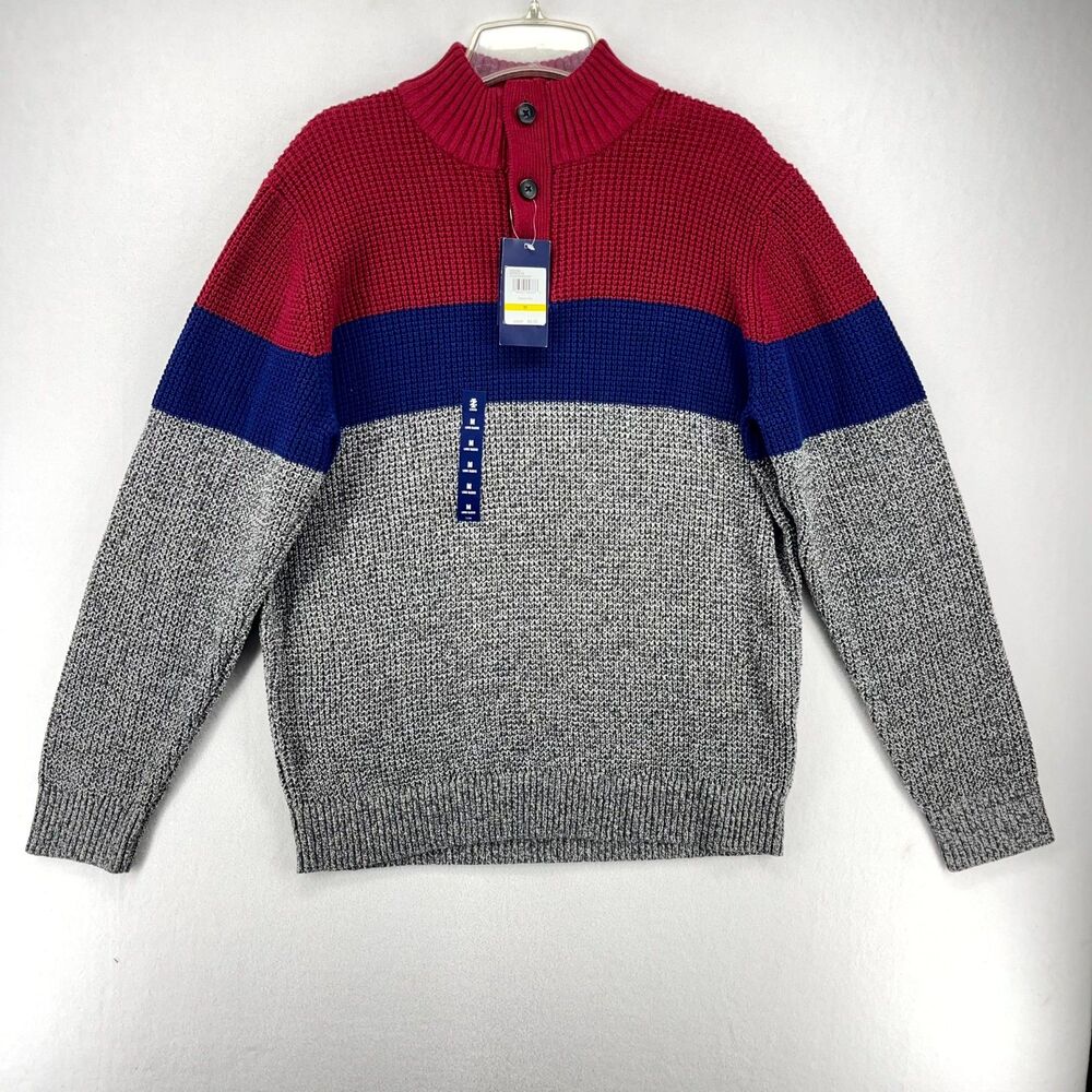 IZOD Mens Sweater M Biking Red Blue Gray Color Block Mock Neck Button Pullover